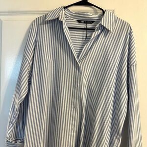 Zara Light Blue and White Striped Blouse